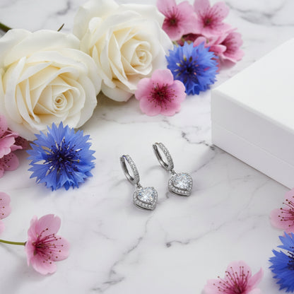 French Hearts of Diamonds Pavé 2 Carat Moissanite Earrings in 18K White Gold Plated 925 Silver (GRA) Capella Jewellery