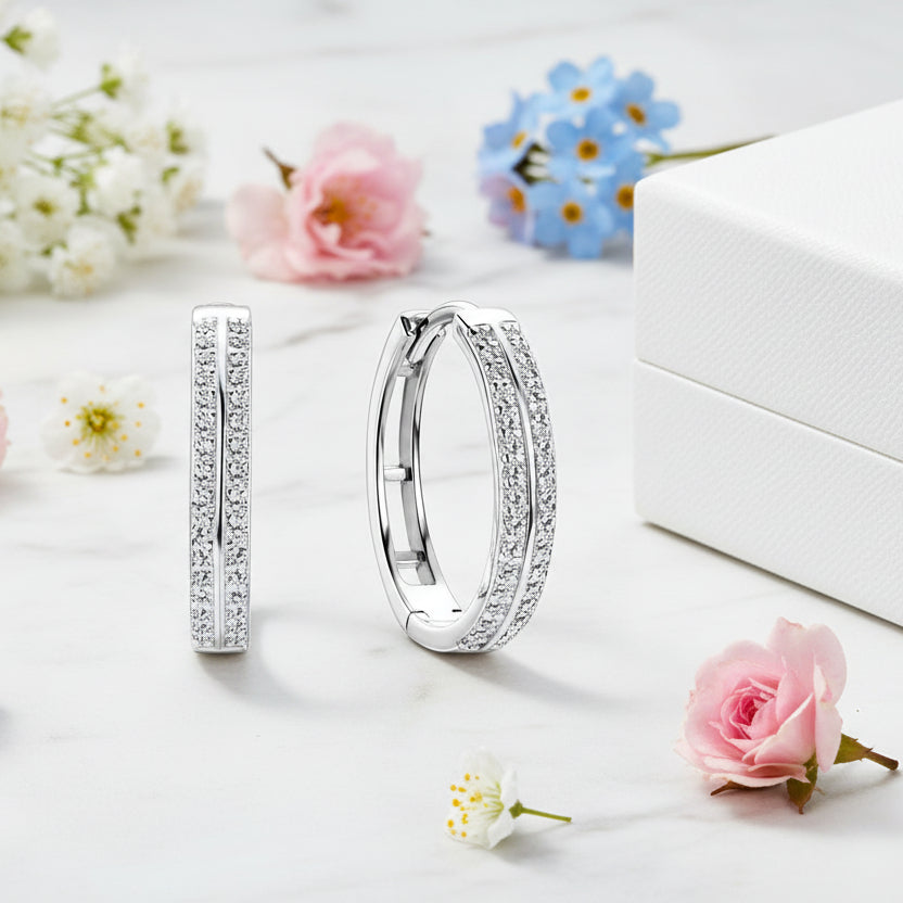 Modern Twin Row Hoop Moissanite Diamond Earrings set in Gold Plated 925 Sterling Silver (GRA)