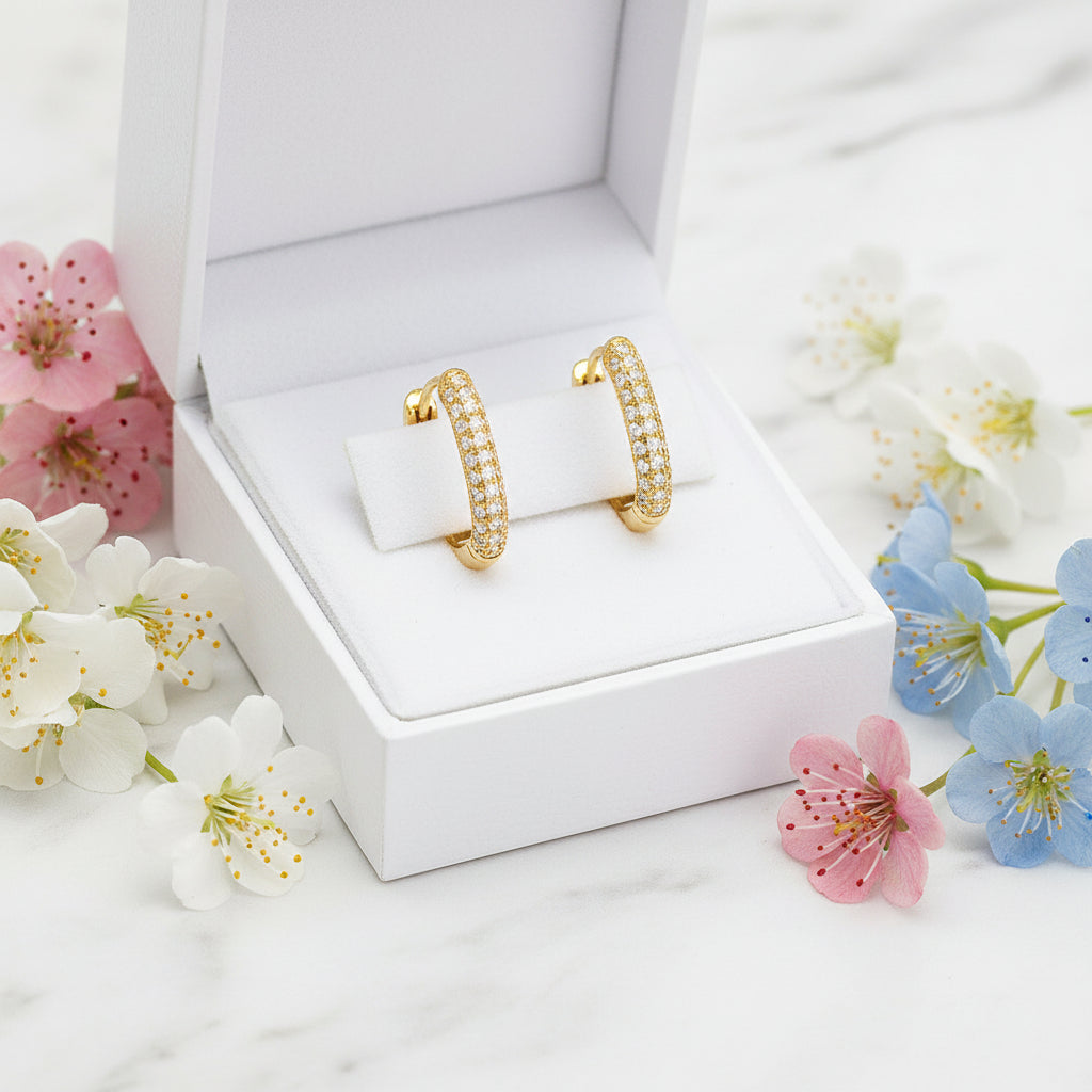 French Hoop Design Micro-Pavé Natural Zircon Gemstone Earrings set in 925 Sterling Silver