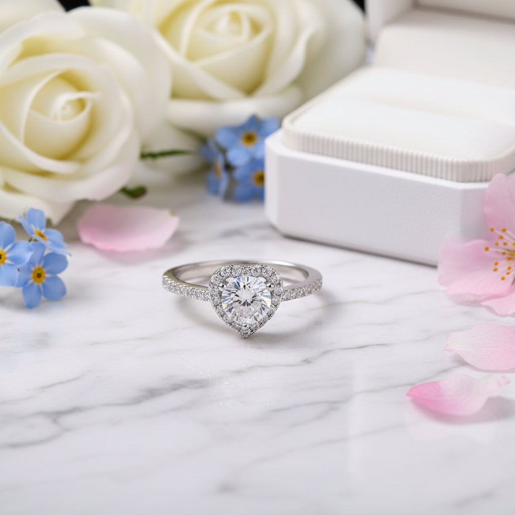 European Diamond Heart 1 Carat Moissanite Diamond Ring set in Platinum Plated 925 Silver (GRA)