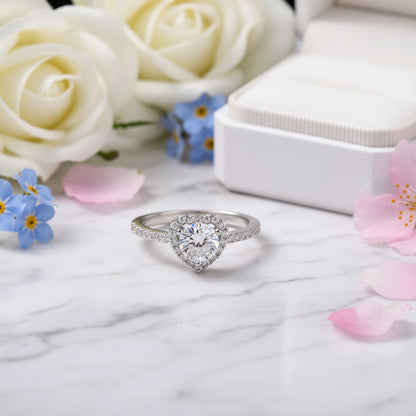 European Diamond Heart 1 Carat Moissanite Ring set in Platinum Plated 925 Silver (GRA) Capella Jewellery