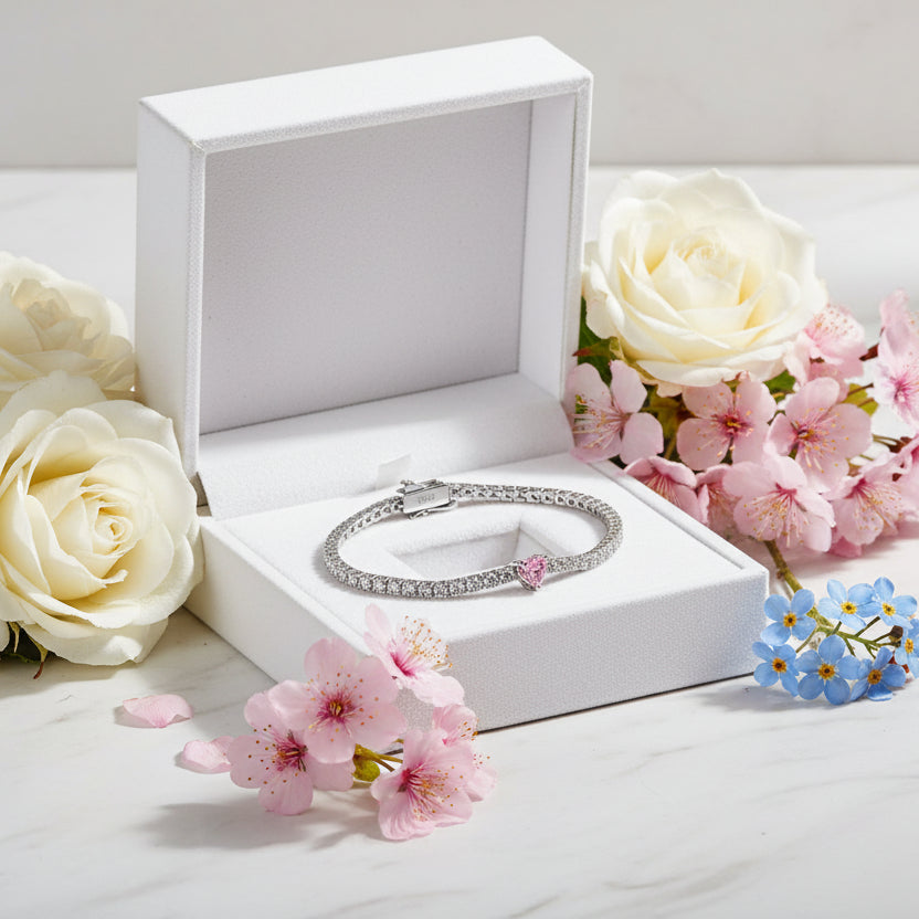 White Heart 0.5 Carat set in Full 2mm Moissanite Diamond Bracelet set in 925 Silver (GRA)