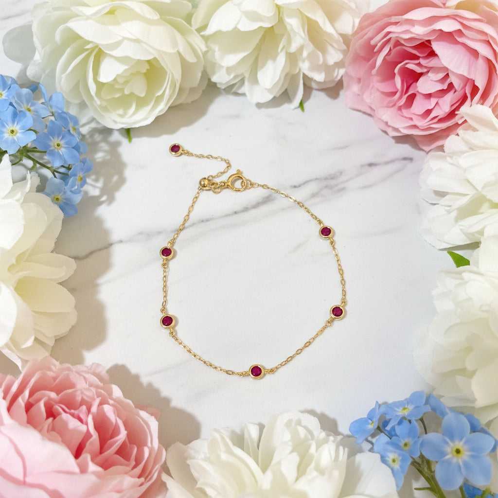 Delicate Five Ruby Bracelet set in 18K Gold Plated Premium 925 Sterling Silver