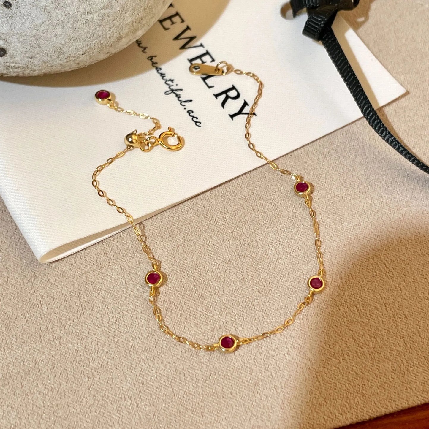 Vintage Italian Delicate Five Ruby Bracelet set in 18K Gold Plated Premium 925 Sterling Silver Capella Jewellery