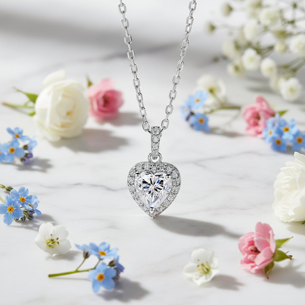 Exquisite French Heart Design 1 Carat Moissanite Diamond Pendant set in 925 Silver (GRA)