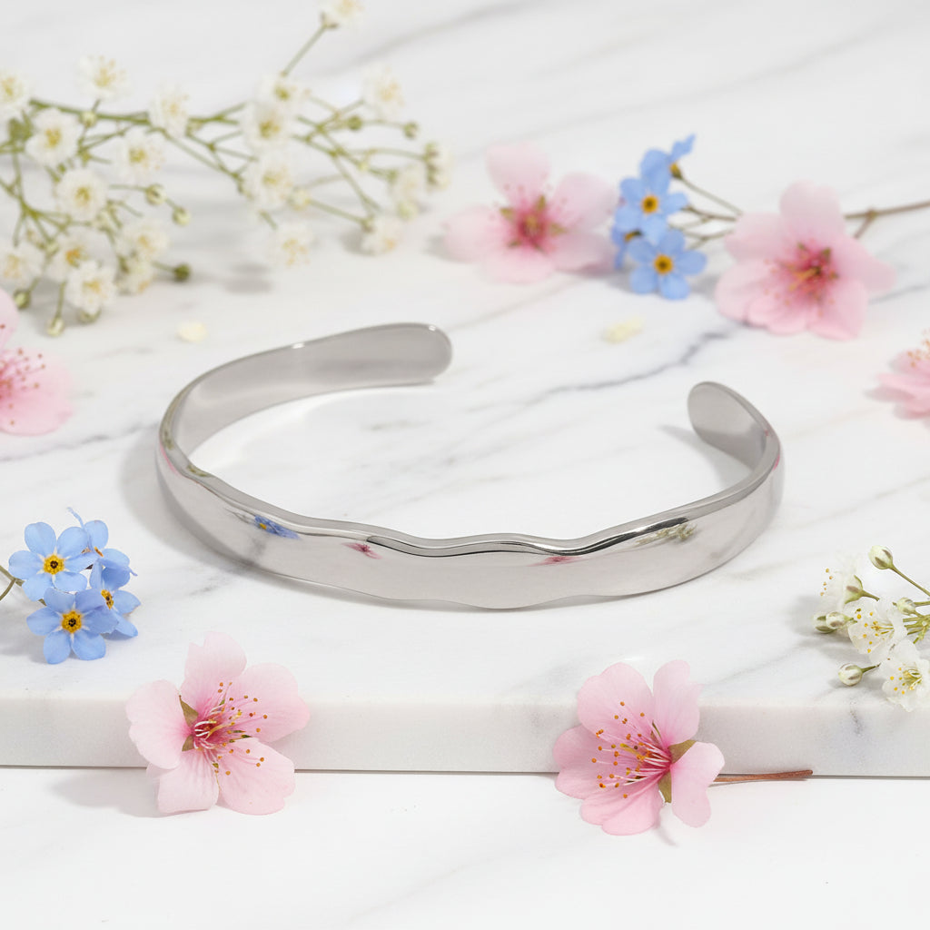 French Chic Designed Twin Wave Open-Ended Bangle Bracelet set in 18K Gold Plating