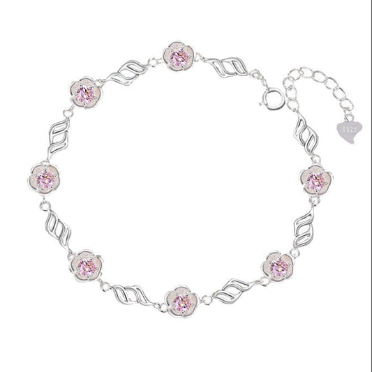 French Summer Blossom Pink/Purple Natural Zircon Gemstone Bracelet in 18K White Gold Plated 925 Silver