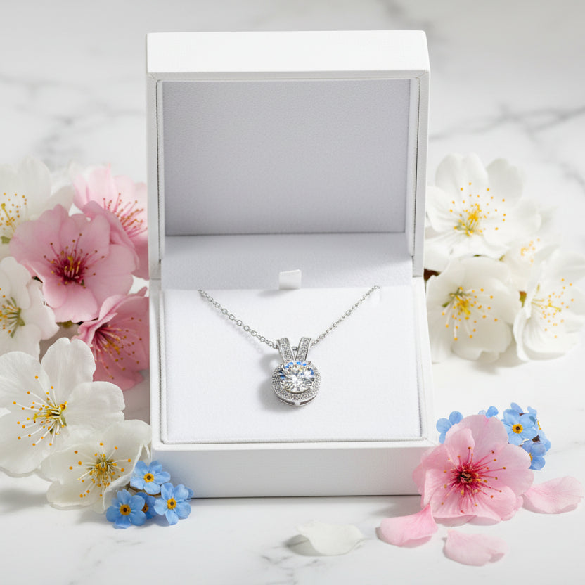 Pavé Halo 1 Carat Moissanite Diamond Necklace set in 18K White Gold 925 Silver (GRA)