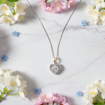 Mosaic French Heart 2 Carat Moissanite Pendant set in Platinum Plated 925 Silver (GRA) Capella Jewellery