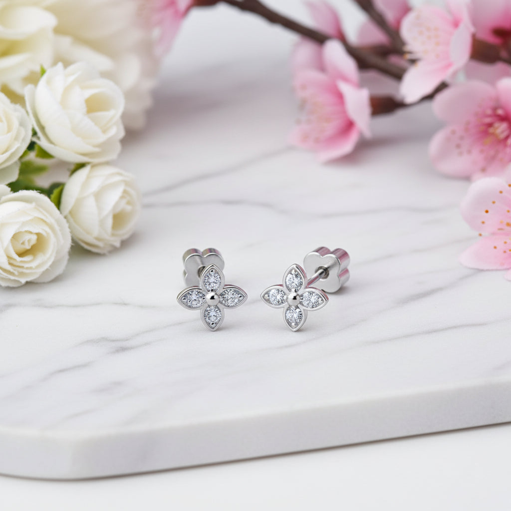 Four Petal Flower Micro Moissanite Diamond Earrings set in Platinum Plated 925 Silver (GRA)