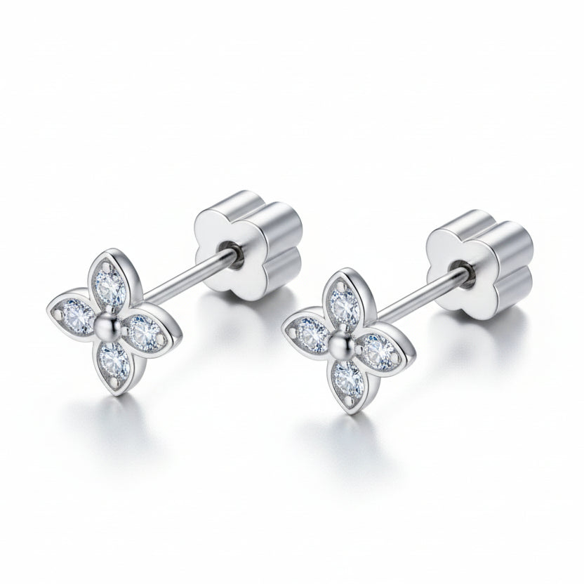 Four Petal Flower Micro Moissanite Diamond Earrings set in Platinum Plated 925 Silver (GRA)