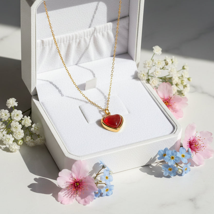 Italian Vintage Red Heart Natural Crystal Love Pendant Necklace set in 18K Gold Plating Capella Jewellery