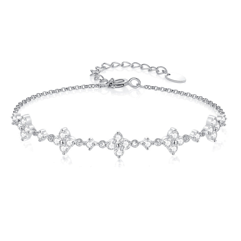 Five Flower Natural Zircon Gemstone Bracelet set in 18K White Gold Plated 925 Silver
