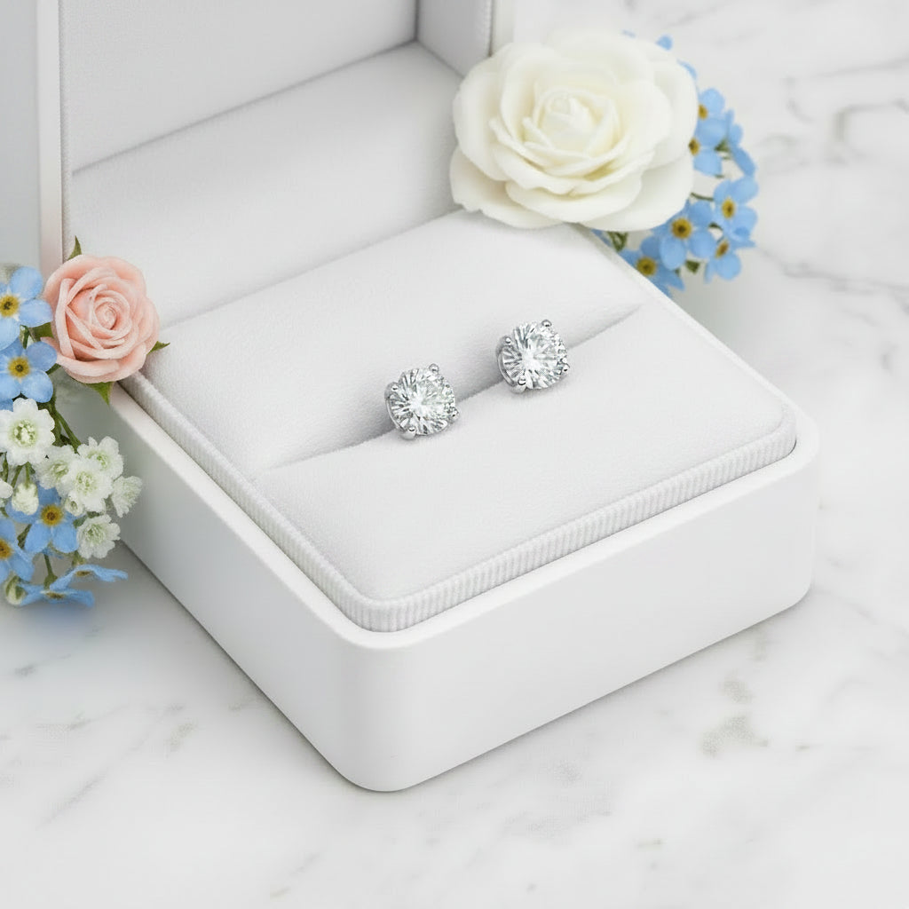 Classic Four-Claw 1 Carat Moissanite Diamond Earrings set in Platinum plated 925 Silver (GRA)
