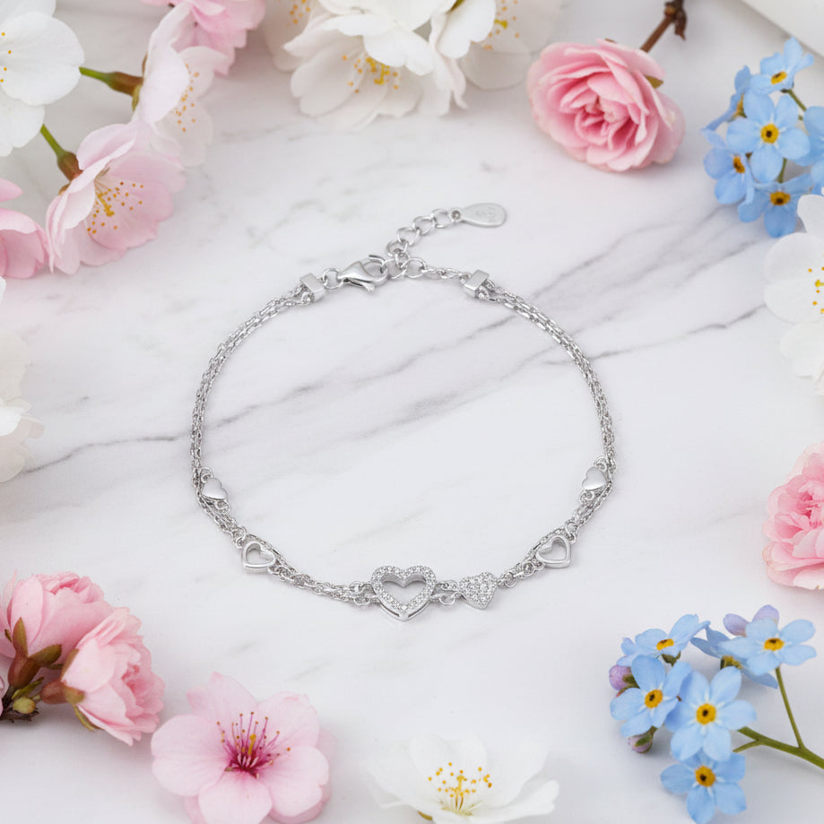 Silver Heart Micro Pavé Natural Zircon Gemstone Bracelet set in 925 Sterling Silver