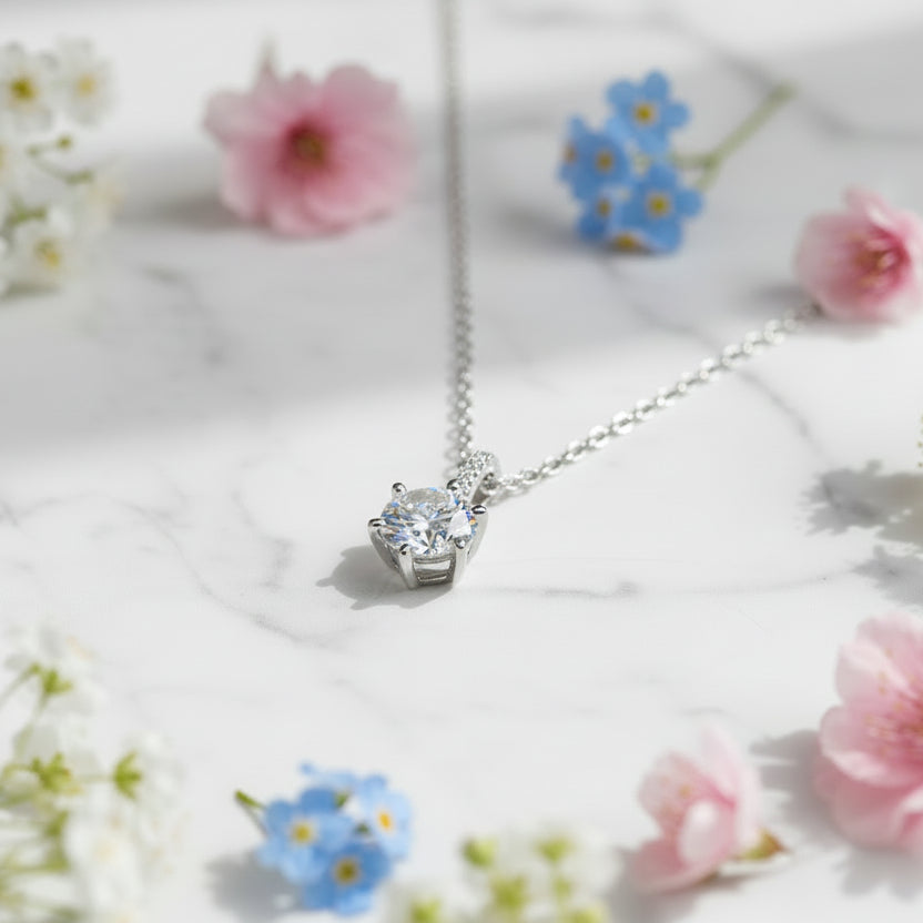 Timeless Six-Claw 1 Carat Moissanite Diamond Necklace set in Platinum Plated 925 Silver (GRA)