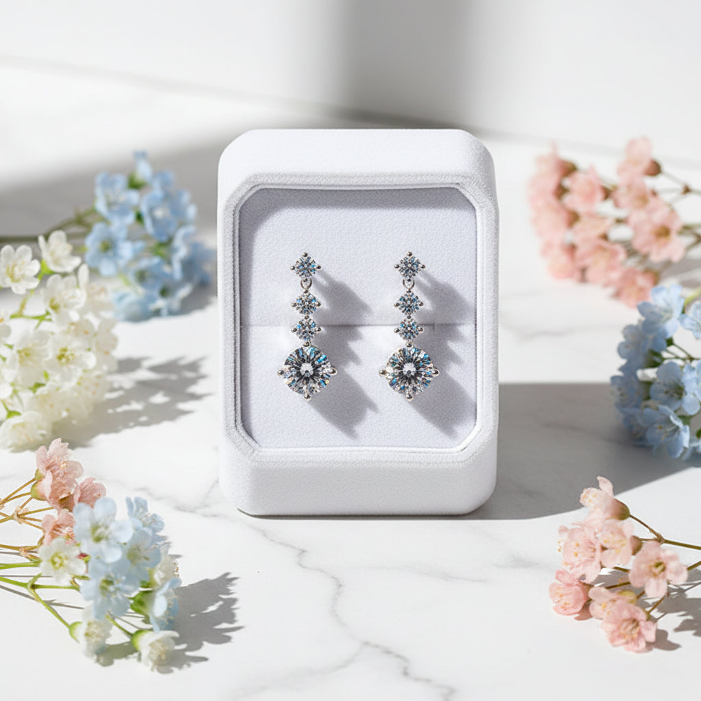 Cascade Drops 2 Carat Moissanite Diamond Earrings set in Platinum Plated 925 Silver (GRA)