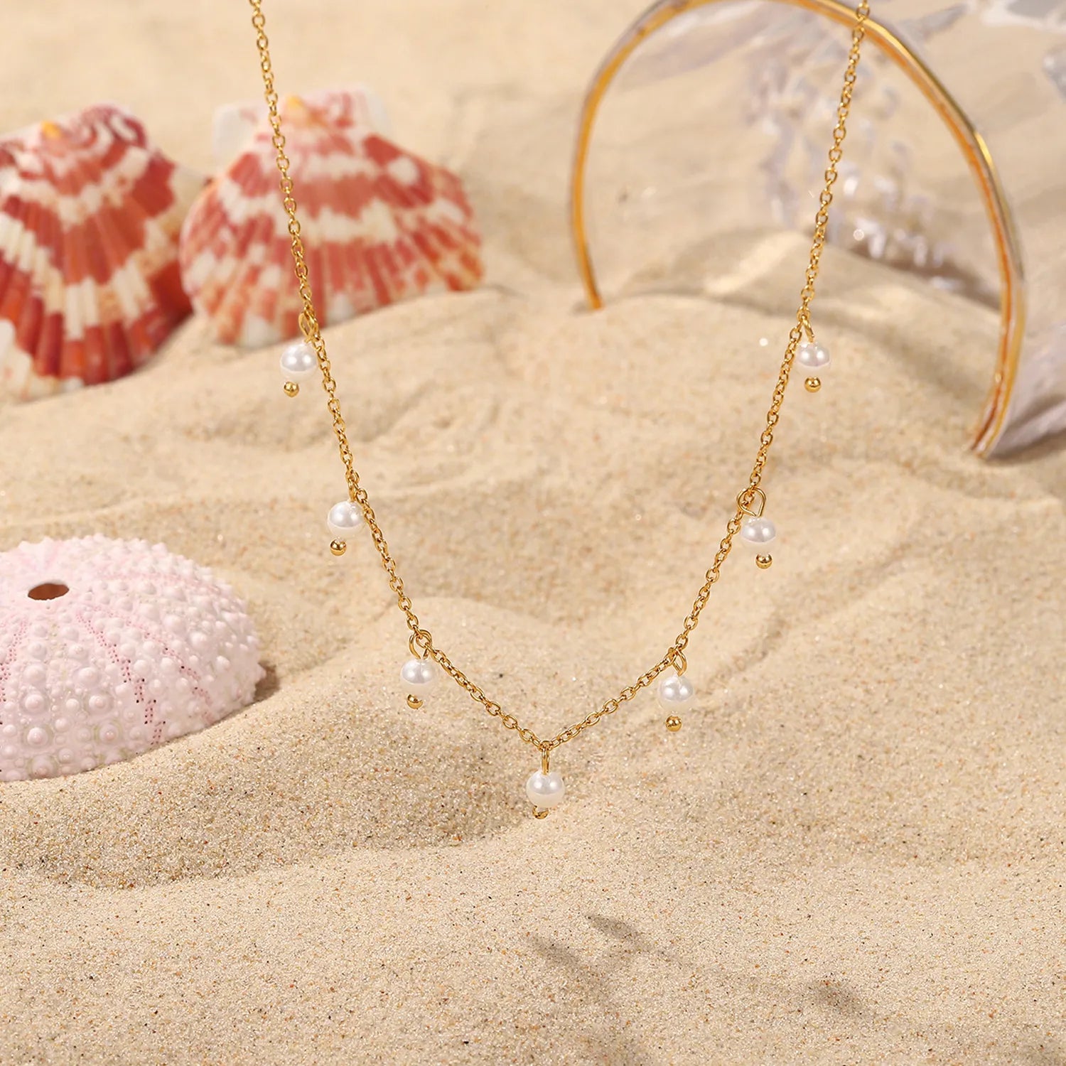 Italian Design Elegant Style Fresh Pearl Tassel Necklace set in 18K Gold Plating