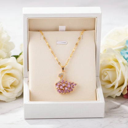 Luxury Swan Motif Inlaid Natural Zircon Gemstone Pendant set in 18K Gold Plating Necklace Capella Jewellery