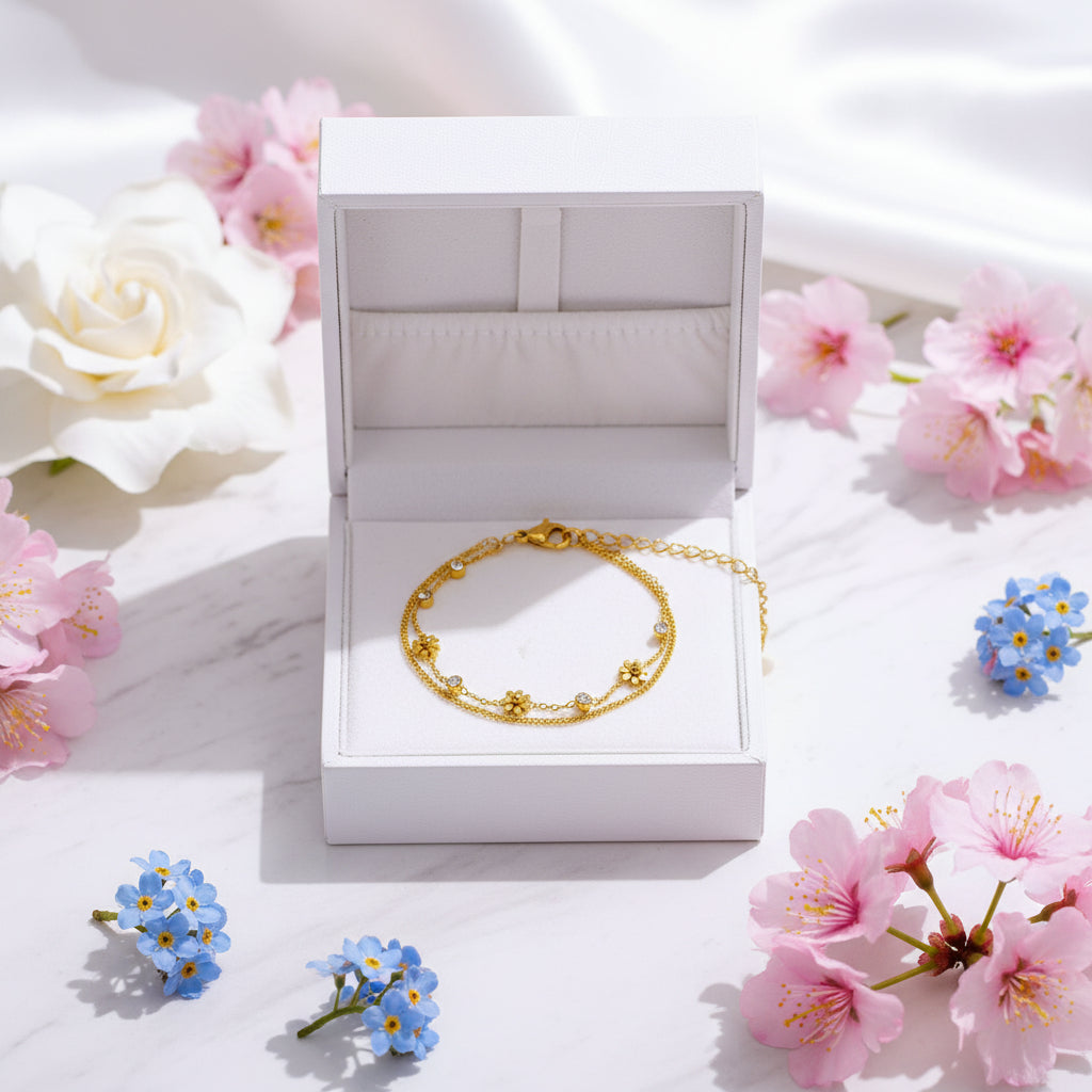 French Chic Design (3 mm) Natural Zircon and Flower Charms Bracelet set in 18K Gold Plating