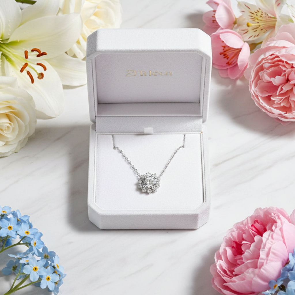 Snowflake Design 1 Carat Moissanite Diamond Necklace set in 18K White Gold Plating (GRA)