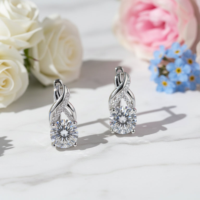 Twist Drop 4 Carat Moissanite Diamond Earrings set in Platinum Plated 925 Silver (GRA)