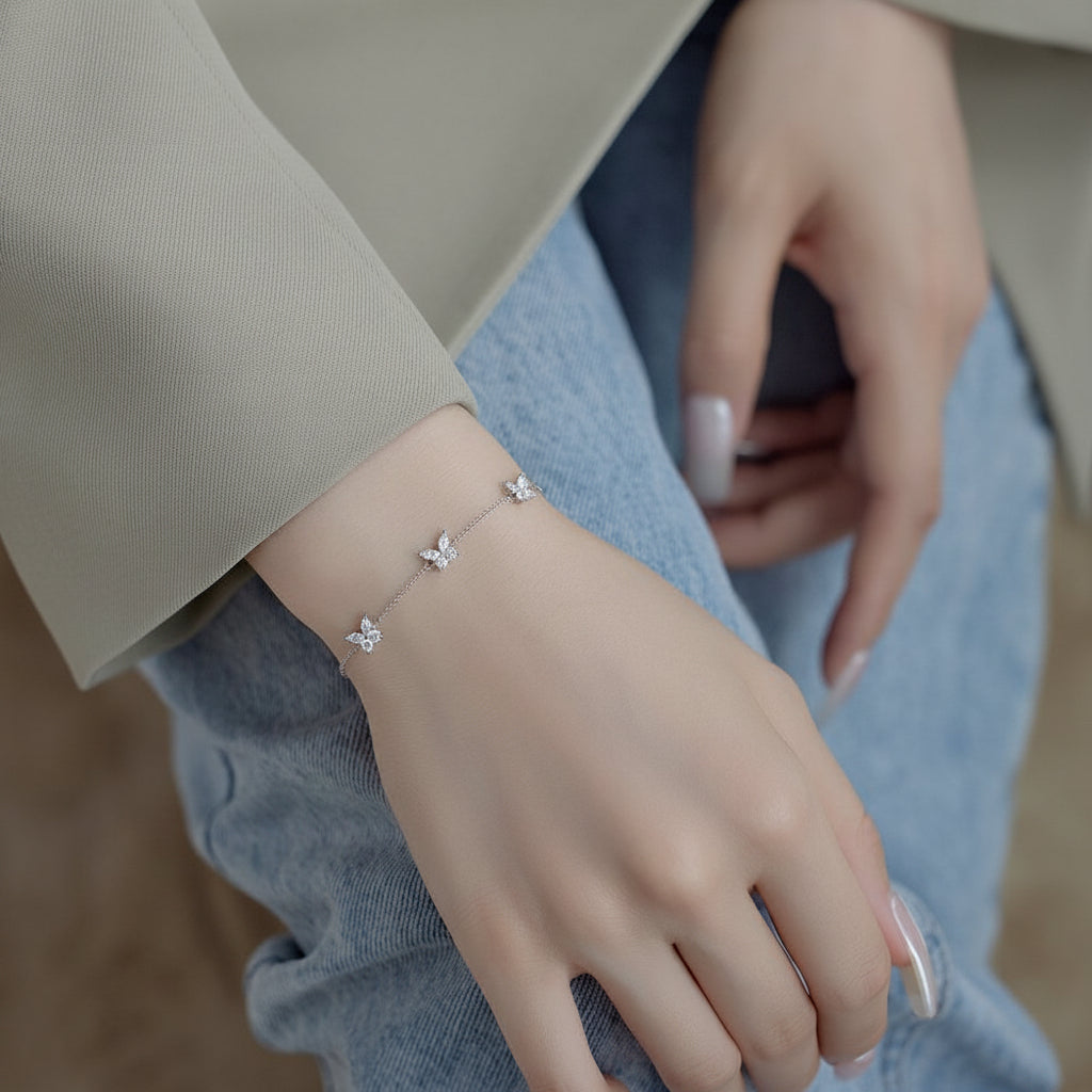 Three Butterfly Natural Zircon Gemstone Bracelet set in 18K White Gold Plated 925 Silver