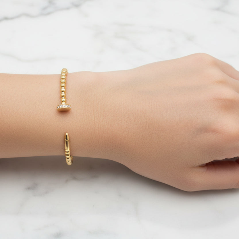 Modern Twist Nail-Studded Natural Zircon Gemstone Bangle Bracelet set in  18K Gold Plating
