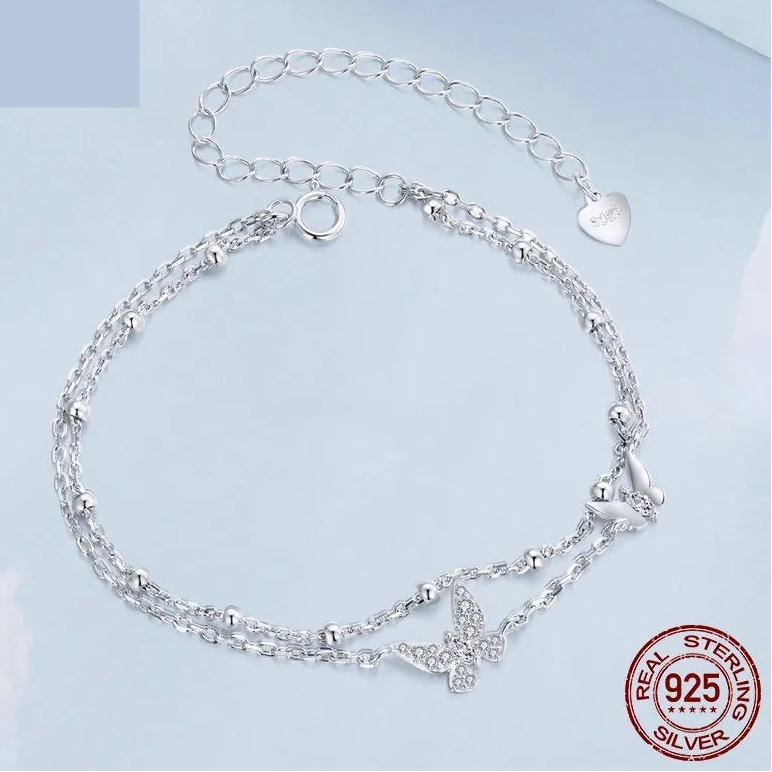 European Butterfly Double-layer Natural Zircon Gemstone Bracelet set in 18k White Gold Plated 925 Silver Capella Jewellery