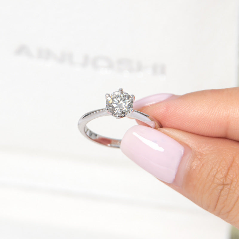 European Six Claw Engagement Ring 1 Carat Moissanite Diamond in 18K White Gold Plated 925 Silver