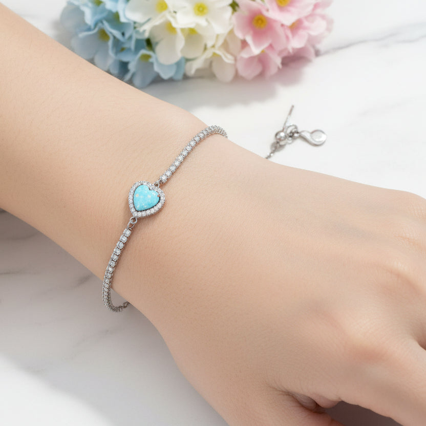 Turquoise Heart Natural Zircon Gemstone Bracelet set in 18K White Gold Plated 925 Silver