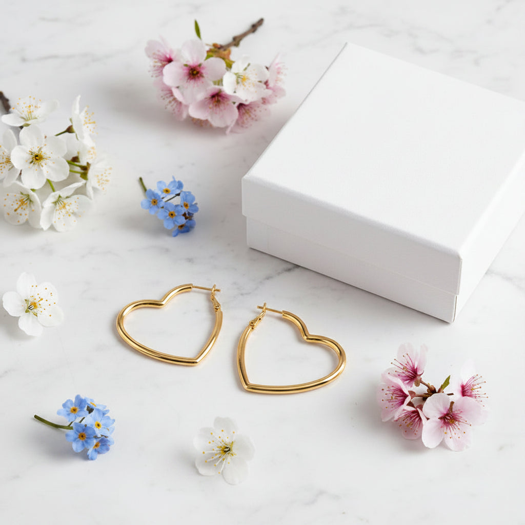 Modern French Chic Design Large Heart Hoop Earrings set in 18K Gold Plated 925 Silver