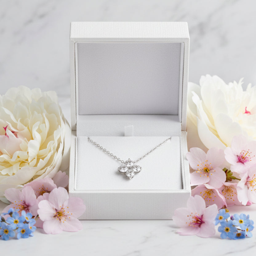 Four Leaf Clover Design 0.5 Carat Moissanite Necklace set in 18K White Gold 925 Silver (GRA)