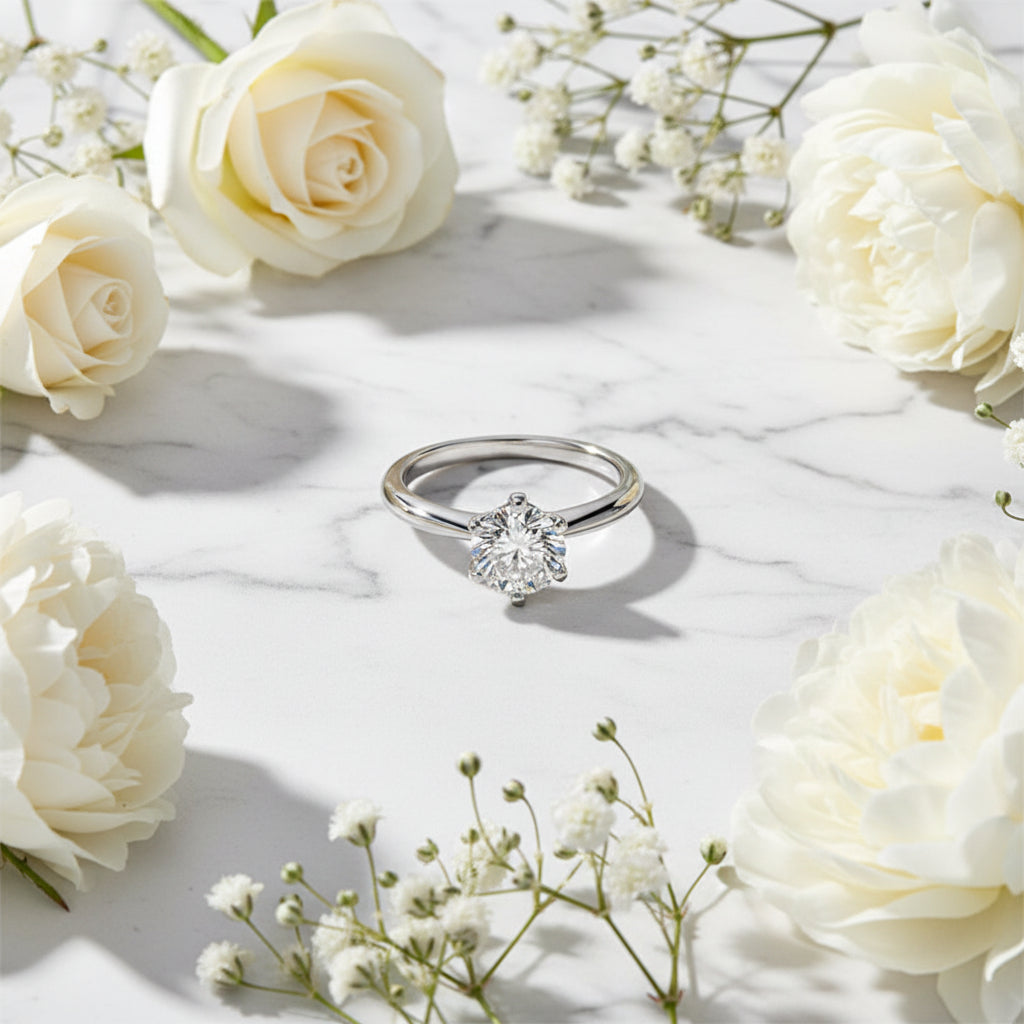 European Six Claw Engagement Ring 1 Carat Moissanite Diamond in 18K White Gold Plated 925 Silver