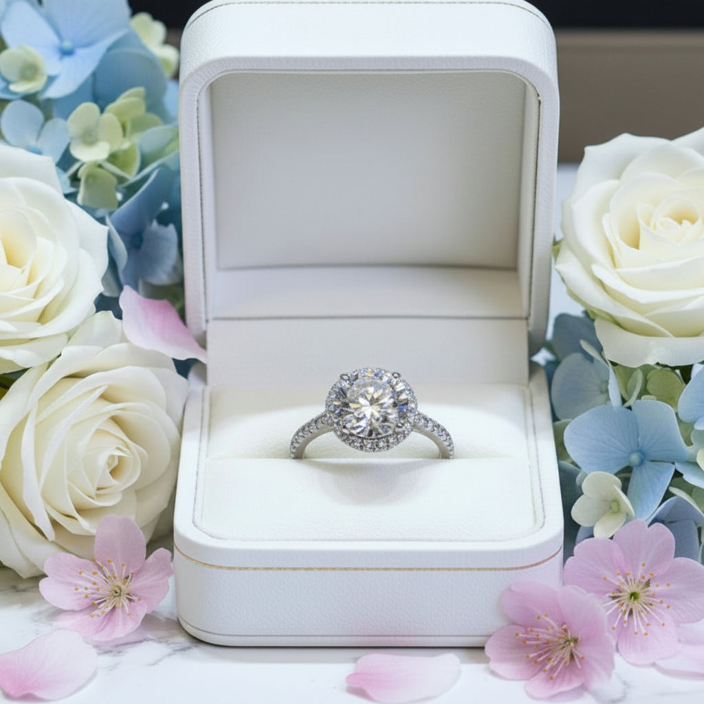French Round Pavé Design 3 Carat Moissanite Diamond Ring set in 18K White Gold Plated 925 Silver (GRA)