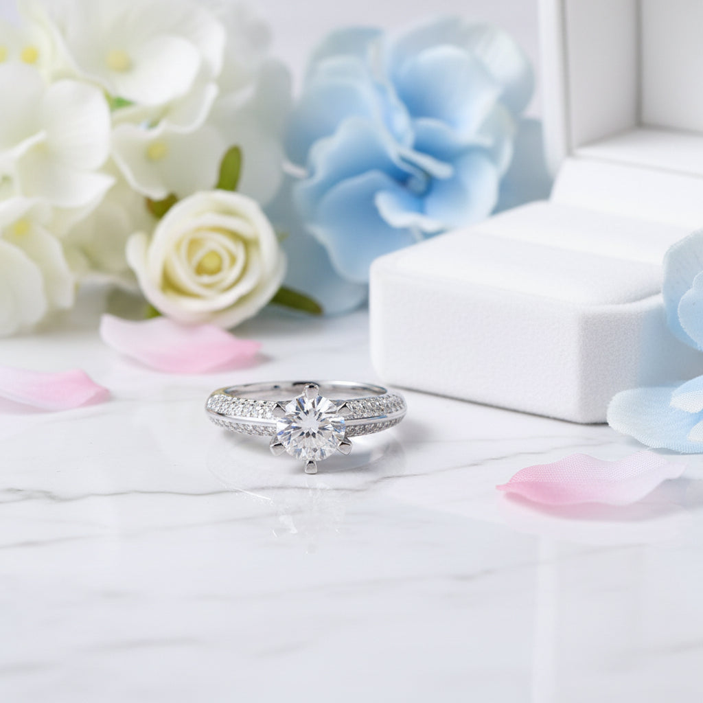 European Six-Claw Pavé 1 Carat Moissanite Diamond Ring in 18K White Gold Plated 925 Silver (GRA)