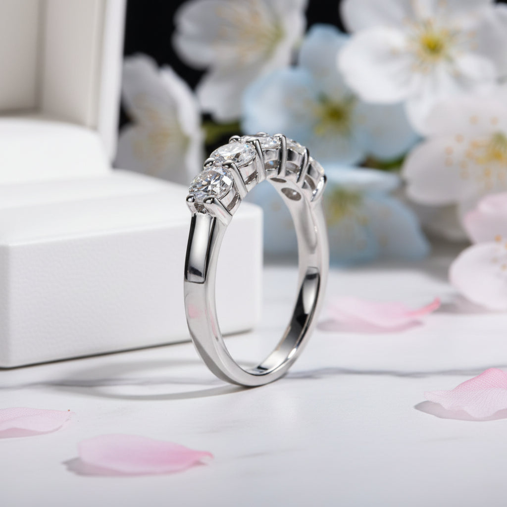 Eternity Five Row 1.5 Carat Moissanite Diamond Ring set in 18K White Gold Plated 925 Silver (GRA)