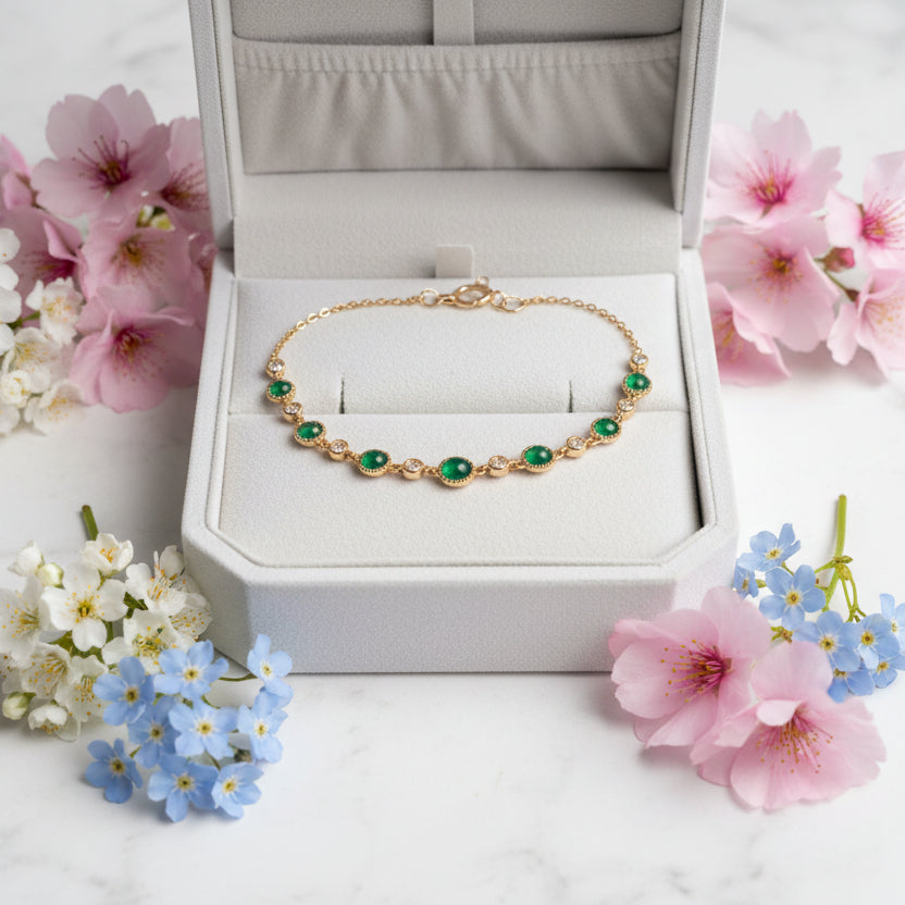 Japanese Inspired Jade Gemstone Inlaid Bracelet set in 18K Gold Plating