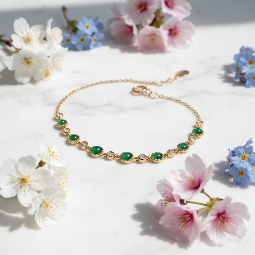 Japanese Inspired Jade Gemstone Inlaid Bracelet set in 18K Gold Plating