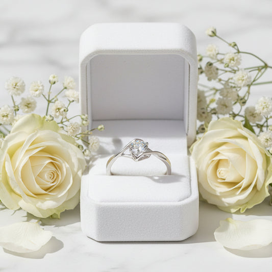 Italian Twin Hearts Solitaire Ring 0.5 Carat Moissanite Diamond set in 18K White Gold plated 925 Silver (GRA)