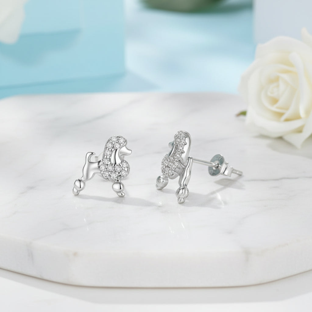 French Mini Poodle Design Micro Natural Zircon Gemstone Earrings set in Platinum 925 Silver