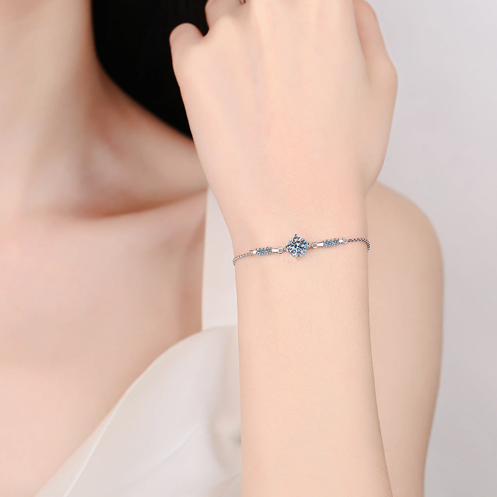 Classic Four Claw 1 Carat Moissanite Diamond Bracelet set in Platinum Plated  925 Silver (GRA)