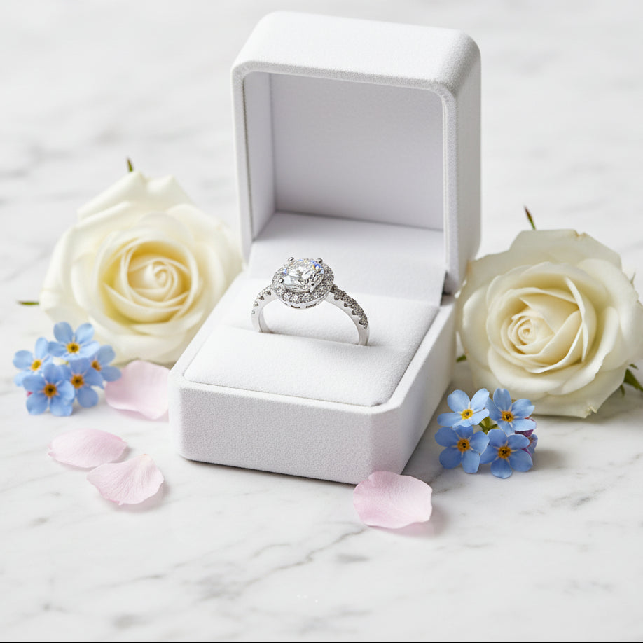 French Round Pavé Design 3 Carat Moissanite Diamond Ring set in 18K White Gold Plated 925 Silver (GRA)