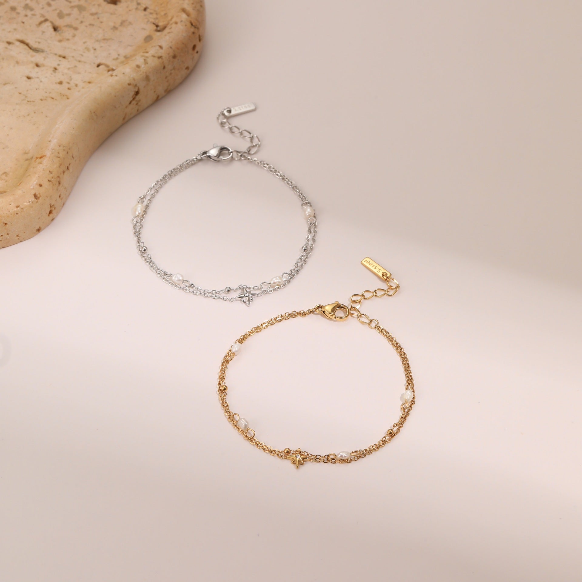 18K Gold Plated Double-layer Six-pointed Star and Rhinestone Pearls Necklace and Bracelet set