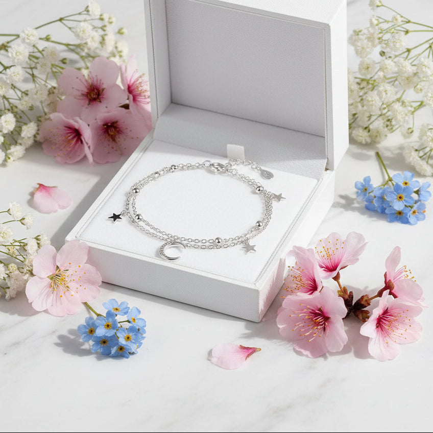Moon & Stars Micro Zircon Gemstone Twin Layer Bracelet set in 925 Sterling Silver