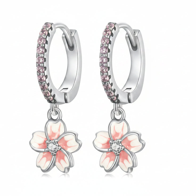 Japanese Design Sakura Cherry Blossom Natural Zircon Gemstone Earrings set in 925 Silver