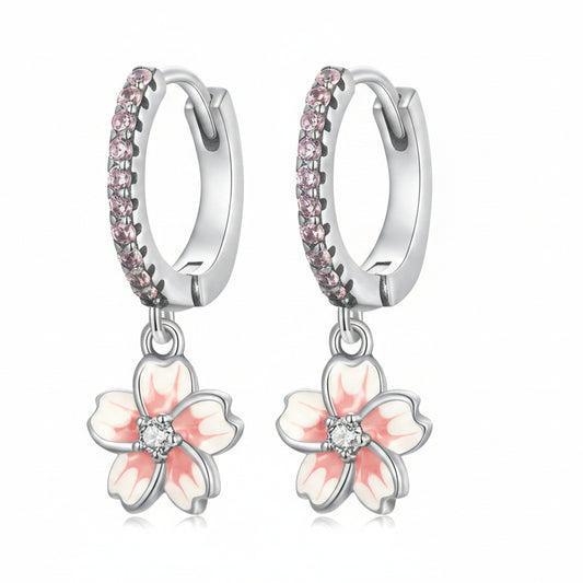Japanese Sakura Cherry Blossom Natural Zircon Gemstone Earrings set in Platinum Plated 925 Silver