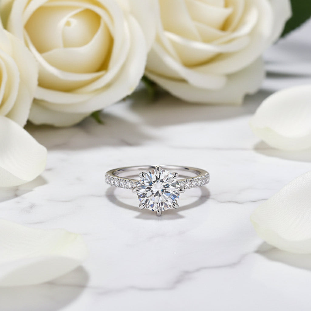 French Eight Awn Star Design 2 Carat Moissanite Diamond Ring set in Platinum 925 Silver (GRA)