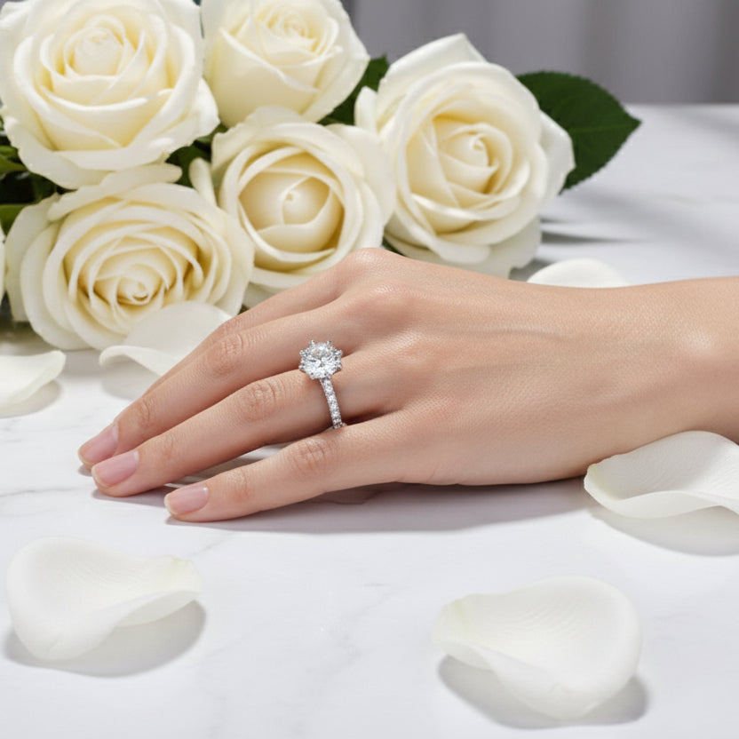 French Eight Awn Star Design 2 Carat Moissanite Diamond Ring set in Platinum 925 Silver (GRA)
