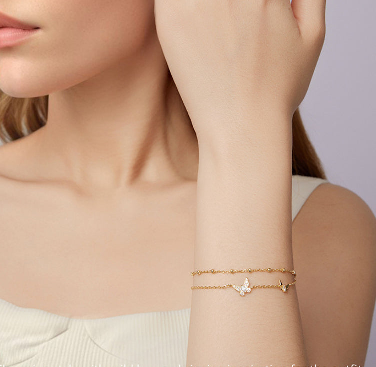 Double-layer Natural Zircon Butterfly Bracelet set in 18k White Gold Plated 925 Silver